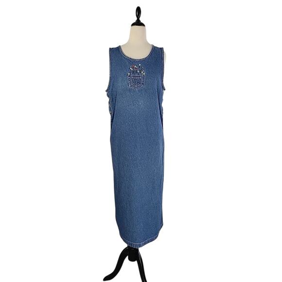VTG 90s Denim Embroidery Floral Midi Dress L Blue Cottage Country Western Rustic - Picture 12 of 12